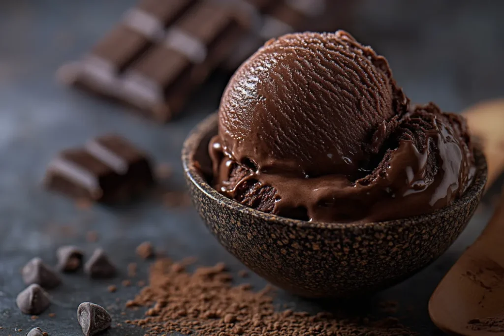 Rich, creamy chocolate ice cream scooped in a bowl with chunks of dark chocolate, showcasing a delicious dessert option.