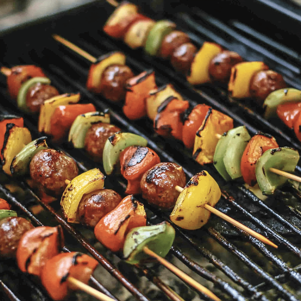 Grilled Brat Kabobs with Marinated Vegetables