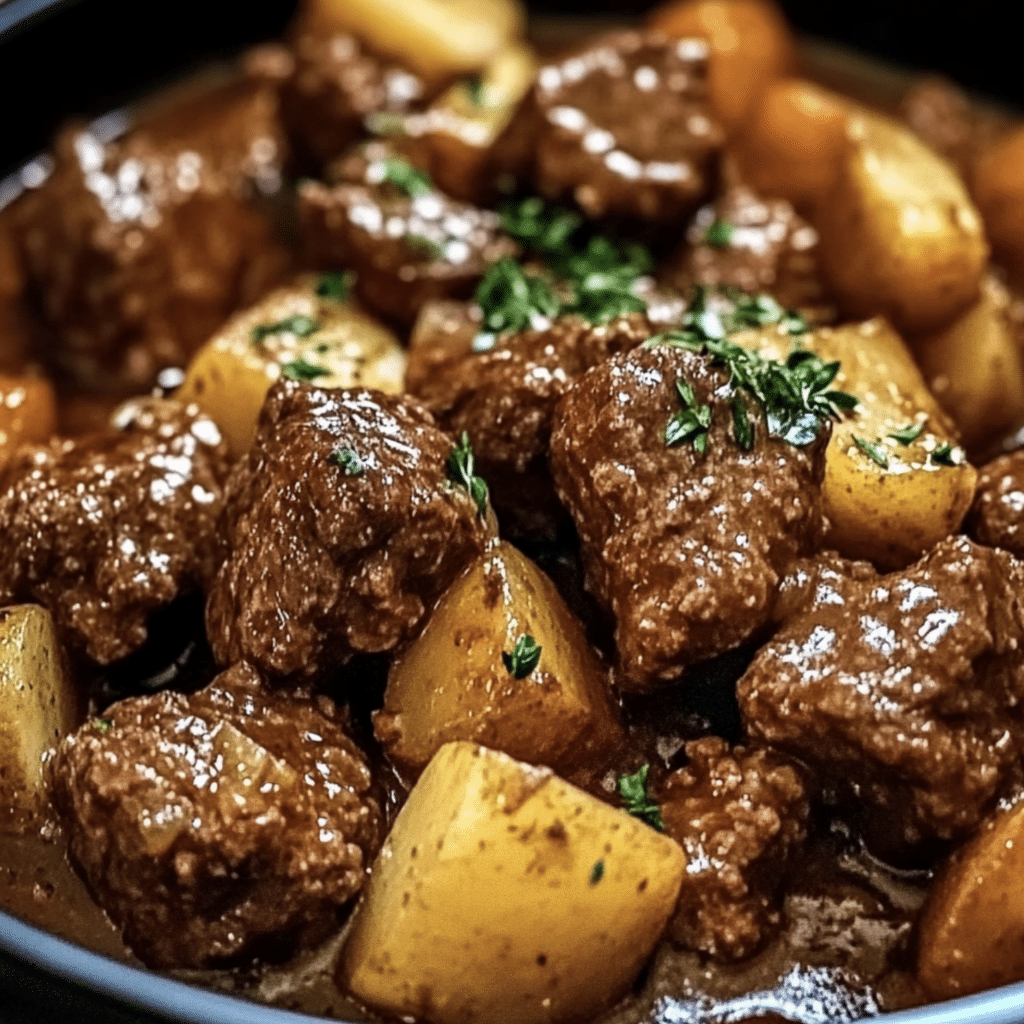 Slow Cooker Garlic Butter Beef Bites & Potatoes