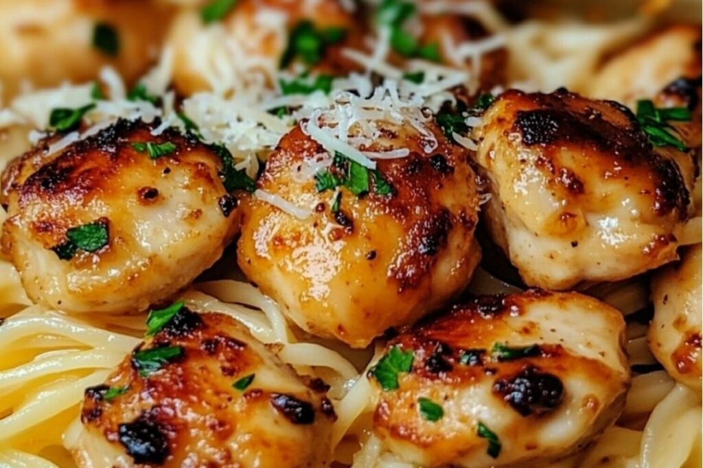 Zesty Lemon Garlic Chicken Bites with Creamy Parmesan Linguine