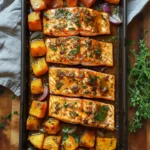 Sheet Pan Maple Dijon Glazed Salmon with Sweet Potatoes